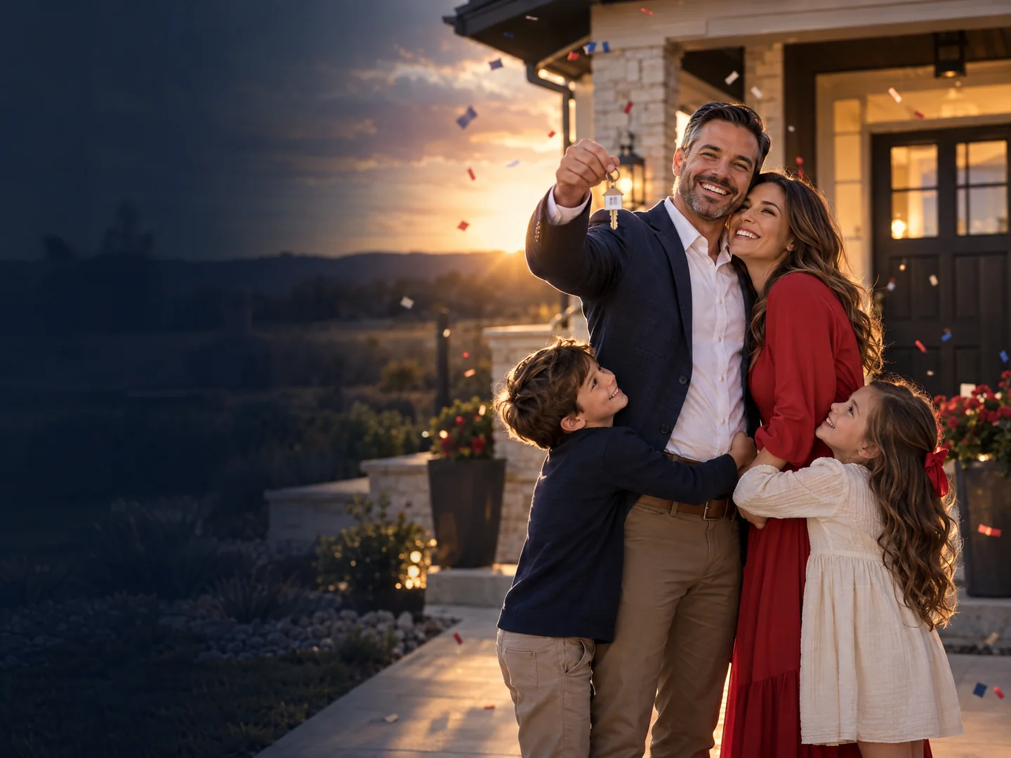 A family celebrating with the keys to their new home