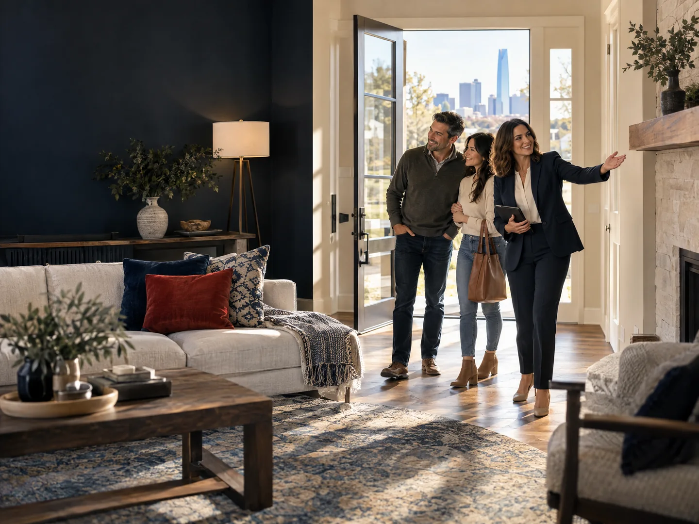 A licensed agent showing buyers through a bright home